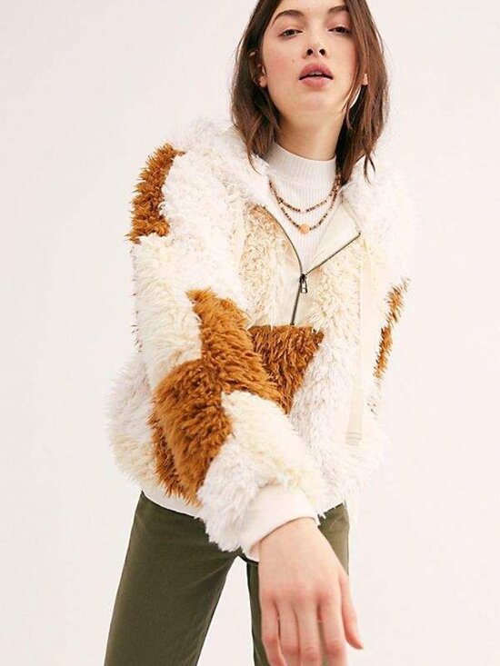 Free People Jackets & Blazers - Free People Women's Be Mine Teddy Hooded Pullover Ivory Brown Checker Size Small